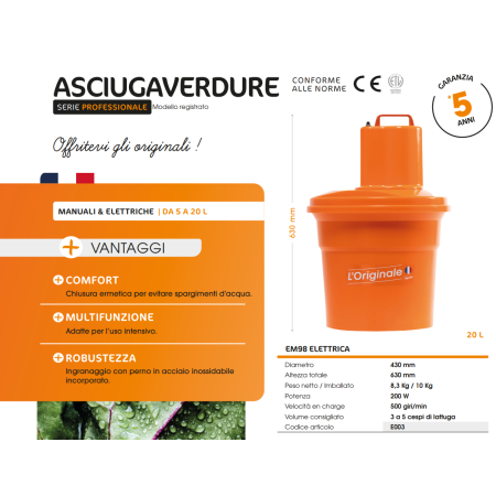 E003 ASCIUGAVERDURE ELETTRICA 20 LITRI EM/20 CENTRIFUGA ELETTRICA